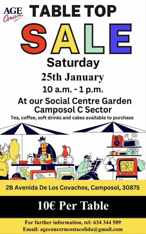 January 25 Age Concern tabletop sale at Camposol Sector C