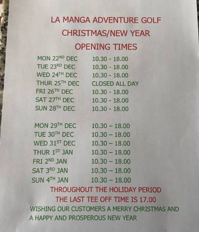 La Manga Adventure Golf Christmas opening times